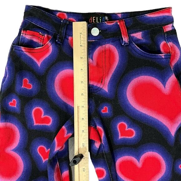 Delia's Dolls Kill Y2K Heart Low Rise Black Purple Red Pink Flare Jeans size XS - Picture 4 of 9
